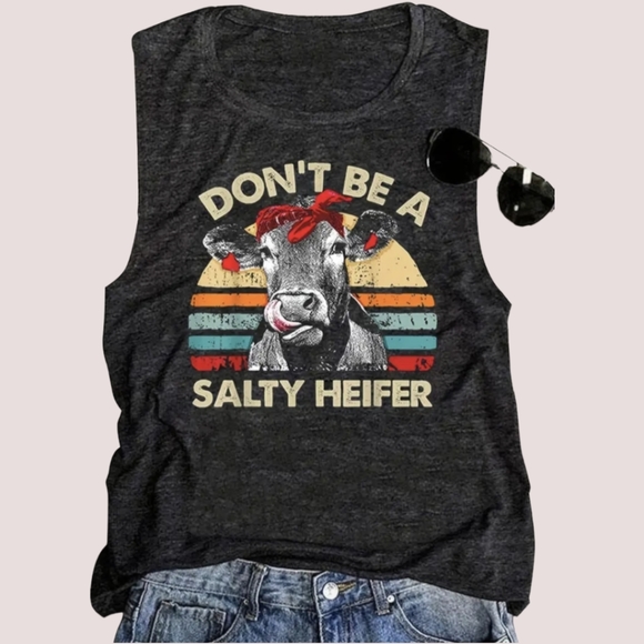 Don't Be A Salty Heifer Dark Graphic Cow Tank Top Cotton Blend - Picture 7 of 7